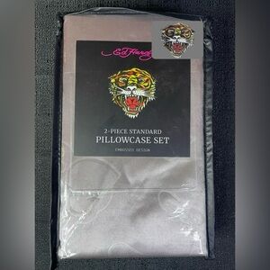Two Ed Hardy Silver Satin Pillowcases Std Solid Embossed Design Set NEW NIP